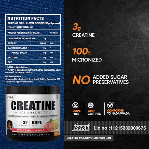 AS-IT-IS ATOM Creatine Monohydrate | 3g Creatine per Scoop | Micronised | Dope-Free | Strength | Guava Chilli