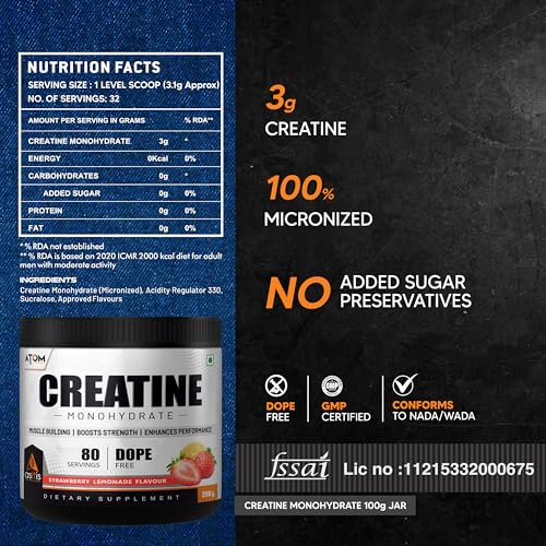 AS-IT-IS ATOM Creatine Monohydrate | 3g Creatine per Scoop | Micronised | Dope-Free | Strength | Strawberry Lemonade