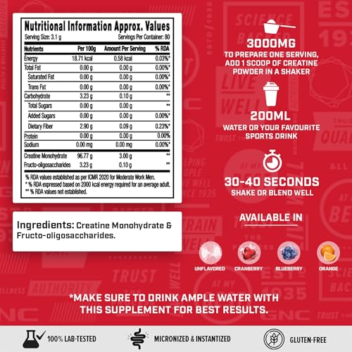 GNC Pro Performance Creatine Monohydrate | 3000mg Creatine per Scoop | Micronised & Instantised | Muscle Pump | Lemon