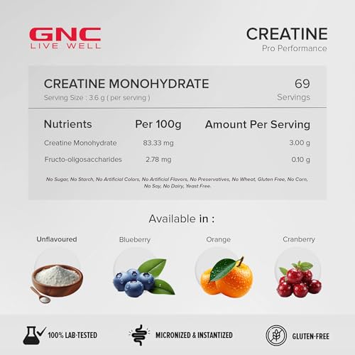 GNC Pro Performance Creatine Monohydrate | 3000mg Creatine per Scoop | Micronised & Instantised | Muscle Pump | Blueberry