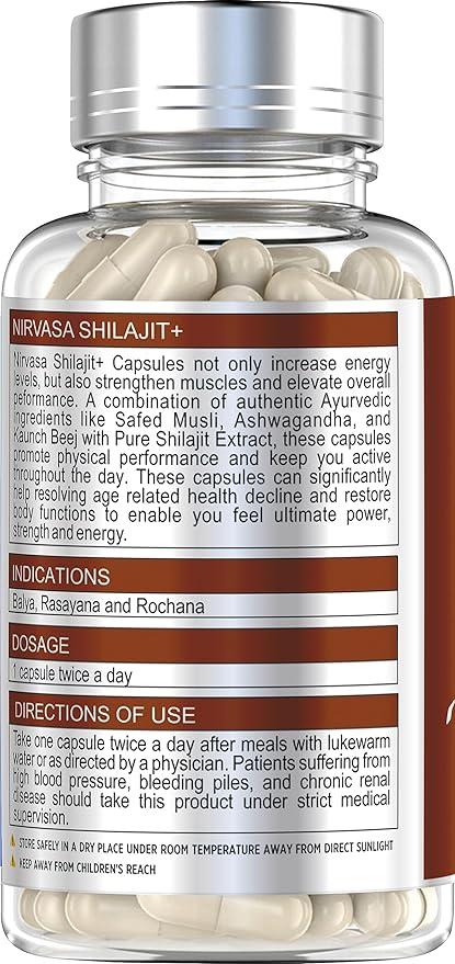 Nirvasa Shilajit Capsules | Ashwagandha | Safed Musli and Kaunch Beej | Stamina and Energy