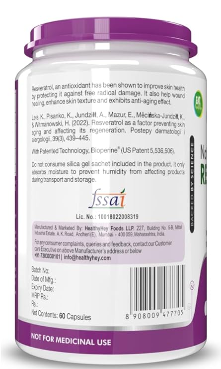 HealthyHey Resveratrol Extract 98% | BioPerine | Max Absorption