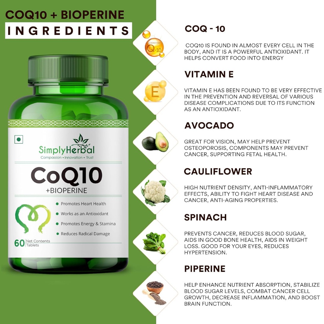 Simply Herbal CoQ10 200mg | Bioperine | Antioxidant | Heart and Energy Support