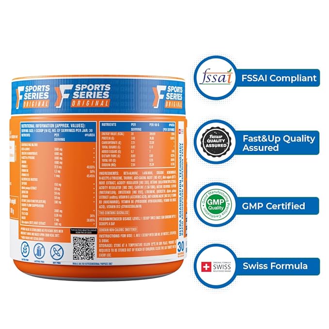 FastandUp Pre Workout | Caffeine | Creatine | Beta Alanine and Taurine | Energy and Performance