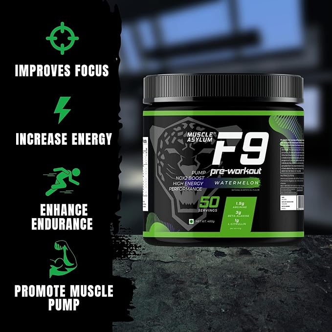 Muscle Asylum F9 Pre Workout | 50 Servings | BCAA | Energy and Focus | Watermelon