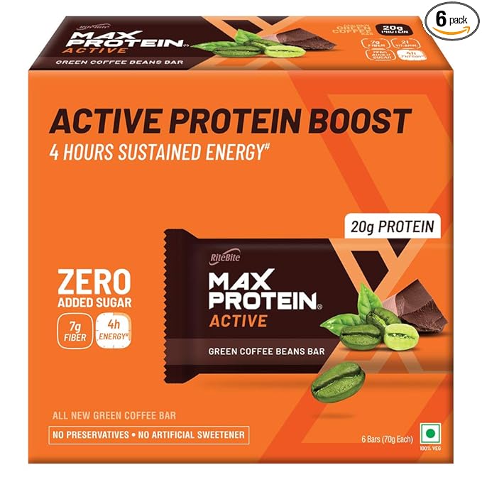 RiteBite Max Protein Active Green Coffee Beans 20g Protein Bar (Pack of 6)