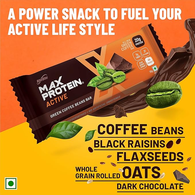 RiteBite Max Protein Active Green Coffee Beans 20g Protein Bar (Pack of 6)