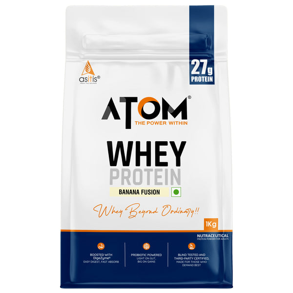 AS-IT-IS ATOM Whey Protein | Isolate and Concentrate Blend | 27g Protein per 36g Scoop | Digestive Enzymes | Muscle Growth | Banana Fusion