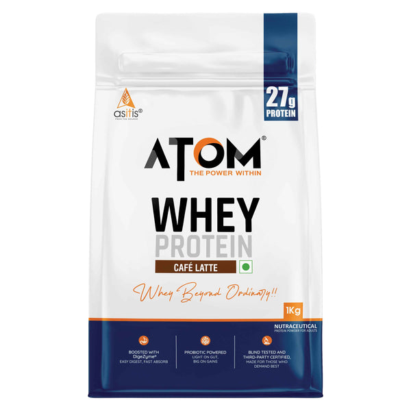 AS-IT-IS ATOM Whey Protein | Isolate and Concentrate Blend | 27g Protein per 36g Scoop | Digestive Enzymes | Muscle Growth | Cafe Latte