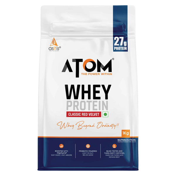 AS-IT-IS ATOM Whey Protein | Isolate and Concentrate Blend | 27g Protein per 36g Scoop | Digestive Enzymes | Muscle Growth | Classic Red Velvet
