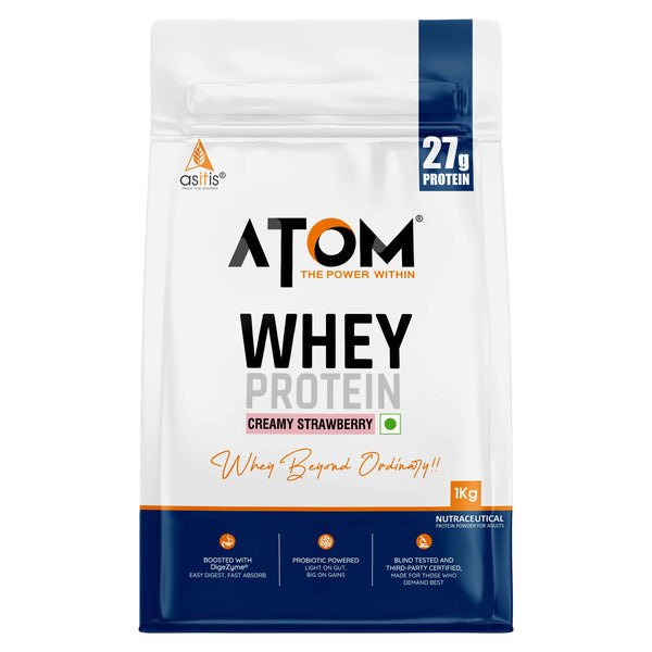 AS-IT-IS ATOM Whey Protein | Isolate and Concentrate Blend | 27g Protein per 36g Scoop | Digestive Enzymes | Muscle Growth | Creamy Strawberry