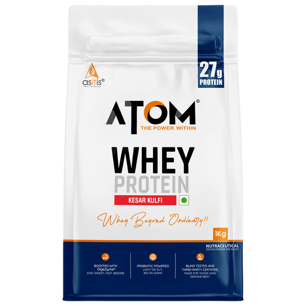 AS-IT-IS ATOM Whey Protein | Isolate and Concentrate Blend | 27g Protein per 36g Scoop | Digestive Enzymes | Muscle Growth | Kulfi Fusion