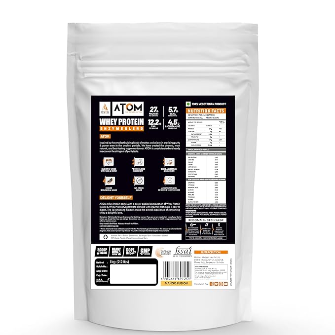 AS-IT-IS ATOM Whey Protein | Isolate and Concentrate Blend | 27g Protein per 36g Scoop | Digestive Enzymes | Muscle Growth | Mango Fusion