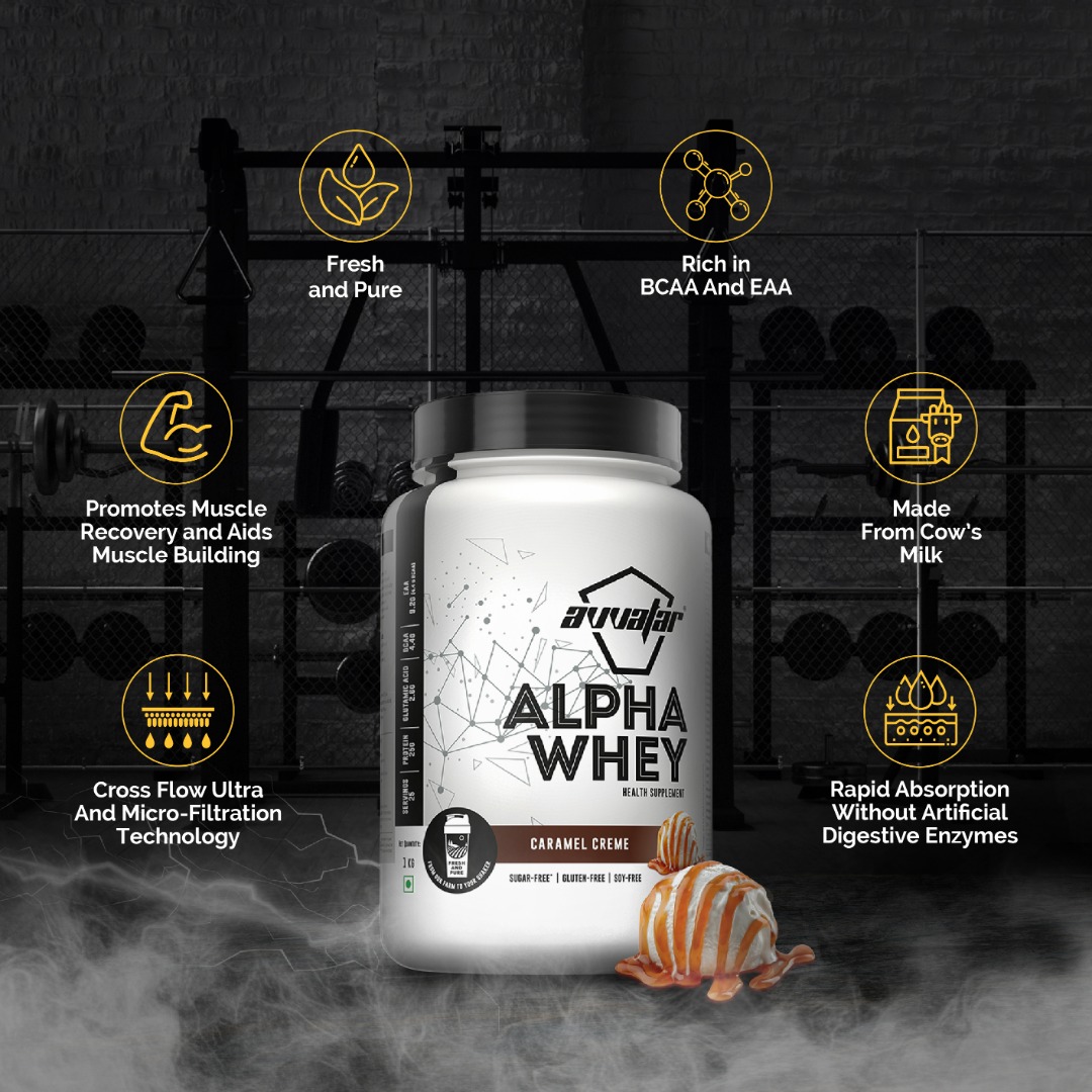 Avvatar Alpha Whey Protein | Isolate and Concentrate Blend | 27g Protein | Fresh Cow Milk | Lean Muscle | Caramel Creme