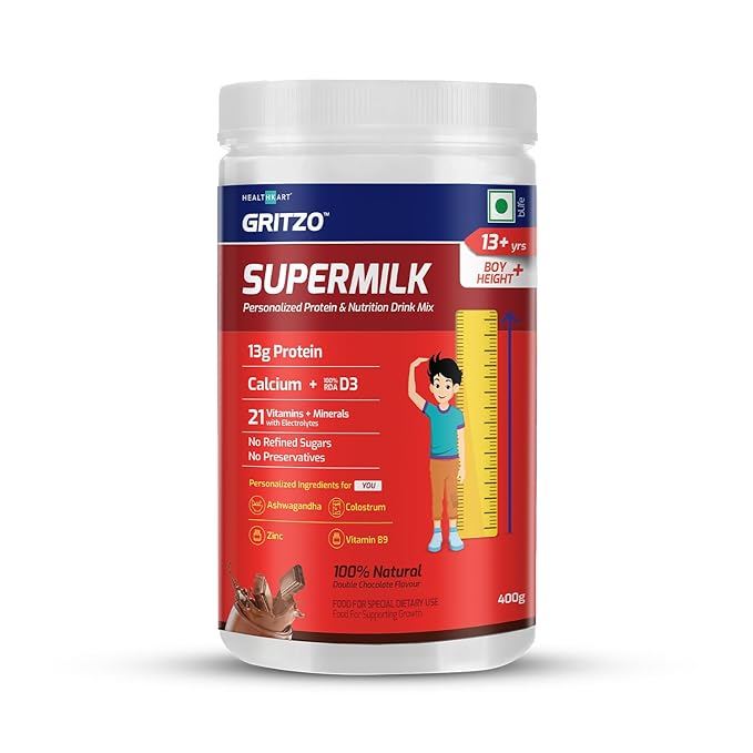 Gritzo SuperMilk Height | 13 Plus Years Boys | 15g Protein | Calcium D3 | 21 Nutrients | Double Chocolate