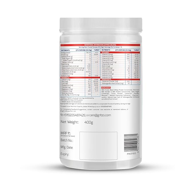 Gritzo SuperMilk Height | 13 Plus Years Boys | 15g Protein | Calcium D3 | 21 Nutrients | Double Chocolate