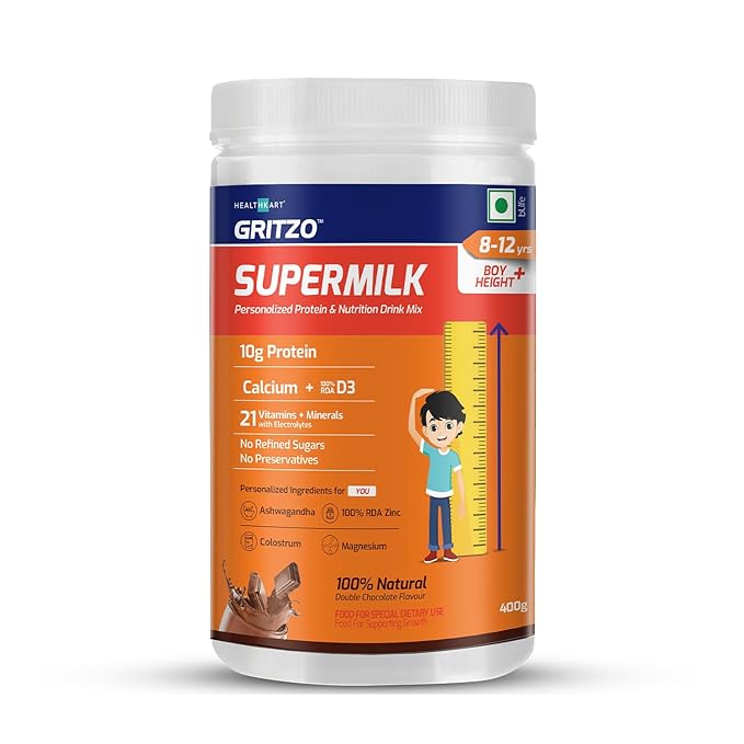 Gritzo SuperMilk Height | 8 to 12 Years Boys | 12g Protein | Calcium | Vitamin D3 | Double Chocolate