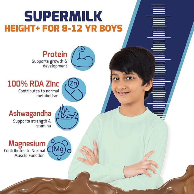 Gritzo SuperMilk Height | 8 to 12 Years Boys | 12g Protein | Calcium | Vitamin D3 | Double Chocolate