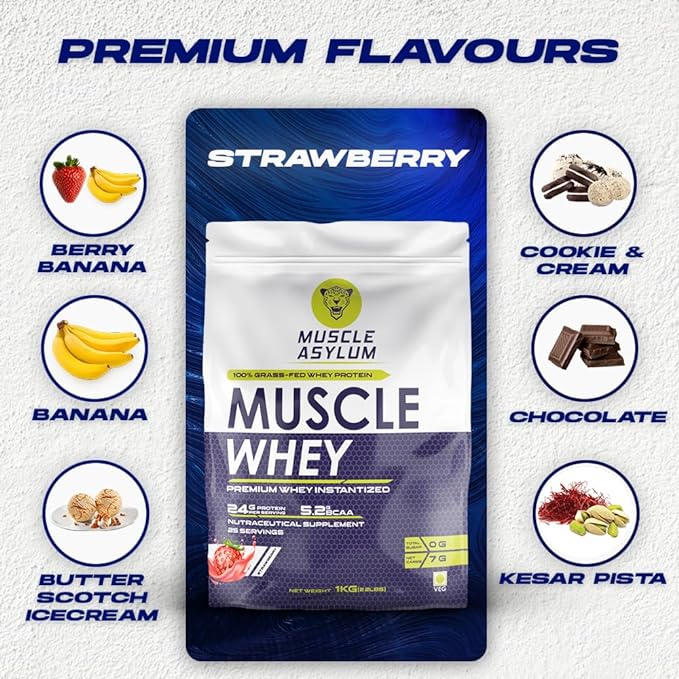 Muscle Asylum Whey 100 Protein | 24g Protein | 5.29g BCAA | Lean Muscle | Strawberry