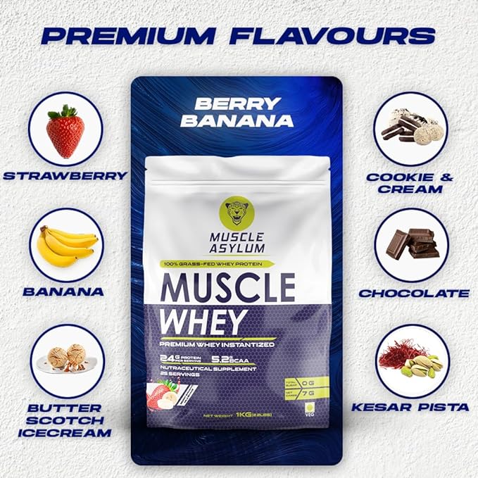 Muscle Asylum Whey 100 Protein | 24g Protein | 5.2g BCAA | Lean Muscle | Berry Banana Milkshake