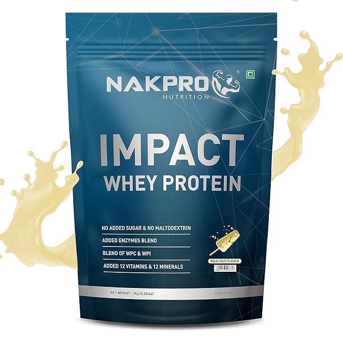 Nakpro Impact Whey Protein | 24g Protein | 4.9g BCAA | Isolate and Concentrate | Digestive Enzymes | Malai Kulfi