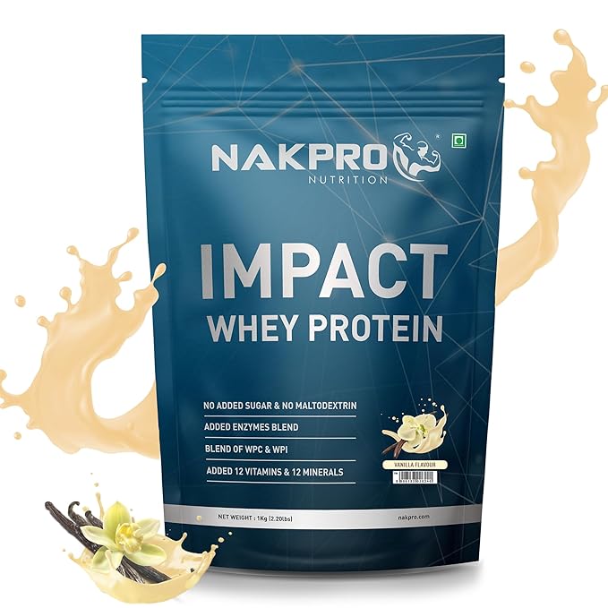 Nakpro Impact Whey Protein | 24g Protein | 4.9g BCAA | Isolate and Concentrate | Digestive Enzymes | Vanilla