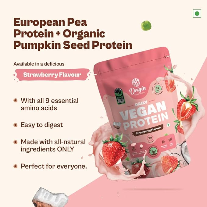 Origin Nutrition 100% Natural Vegan Plant Protein | 25g Protein | Strawberry
