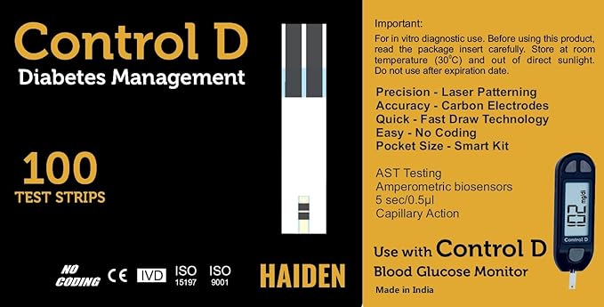 Control D Blood Glucose Test Strips | 100 Strips | Glucometer Compatible