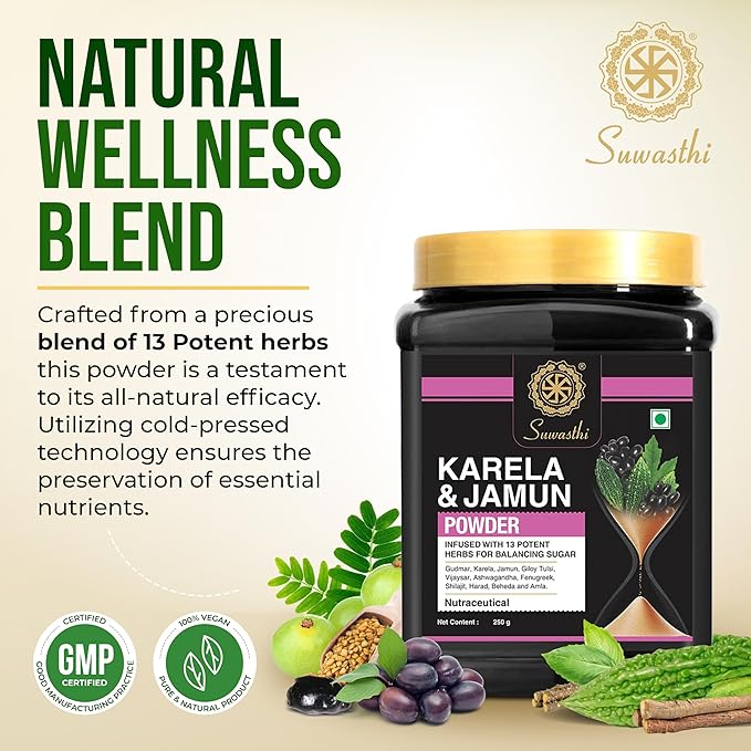 Suwasthi Karela Jamun Powder | 11 Potent Herbs | Blood Sugar Regulation | Diabetes Management