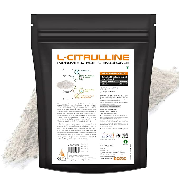 AS-IT-IS Pure L-Citrulline Powder | Boosts Nitric Oxide | Muscle Pump | Unflavoured