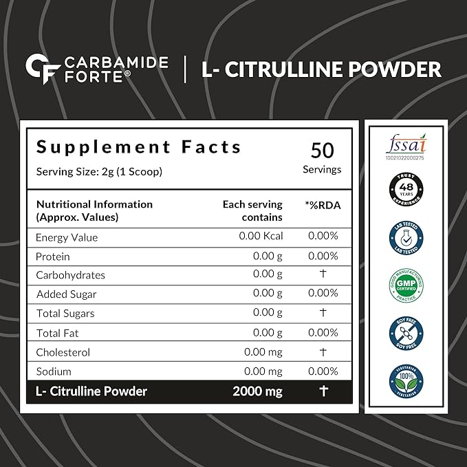 Carbamide Forte L Citrulline Powder 2000mg | Pre-Workout | Nitric Oxide Boost | Unflavoured | 50 Servings