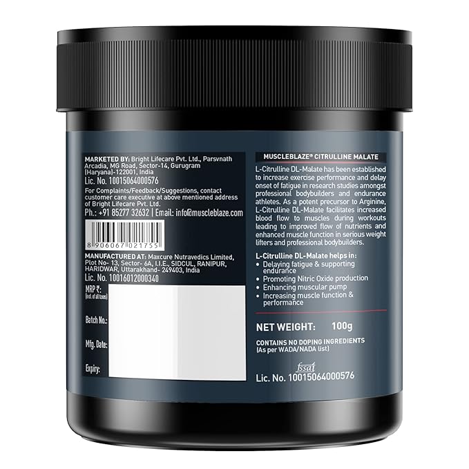 MuscleBlaze Citrulline Malate | Nitric Oxide Boost | Pre-Workout | Muscle Pump | Unflavoured