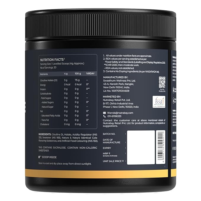 Nutrabay Gold Citrulline Malate 2:1 Powder | Nitric Oxide Boost | Pre-Workout | Cola