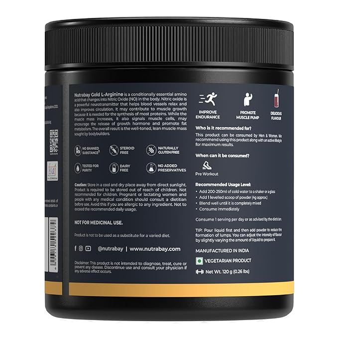 Nutrabay Gold L-Arginine Supplement Powder | Pre-Workout | Endurance and Muscle Building | Cola