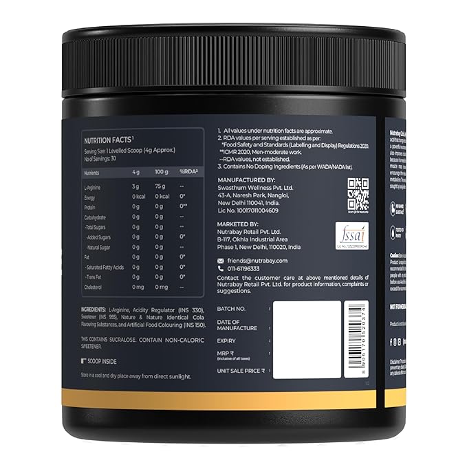Nutrabay Gold L-Arginine Supplement Powder | Pre-Workout | Endurance and Muscle Building | Cola