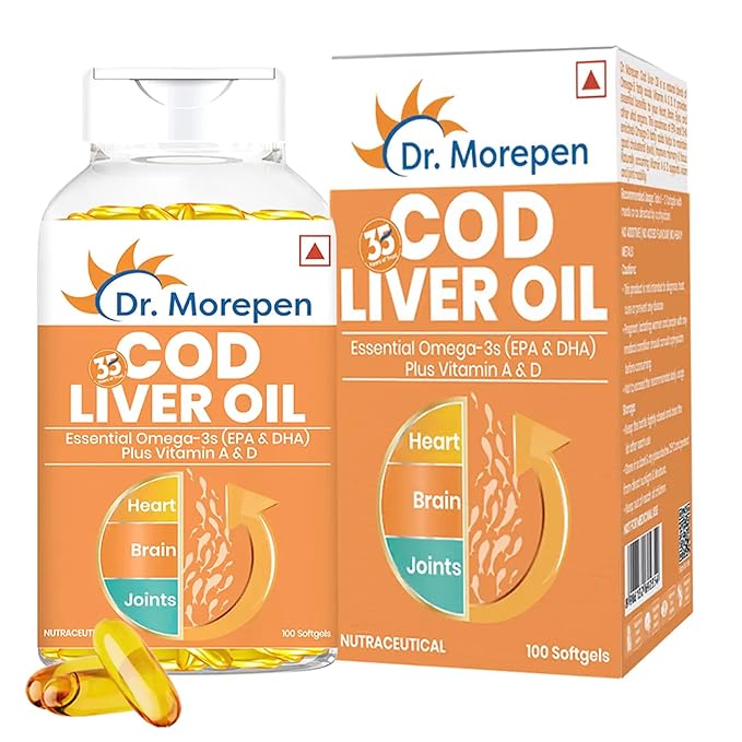 Dr. Morepen Cod Liver Oil | Natural Omega 3 | Vitamin D and A | UltraPure | Heart and Brain | 100 Softgels