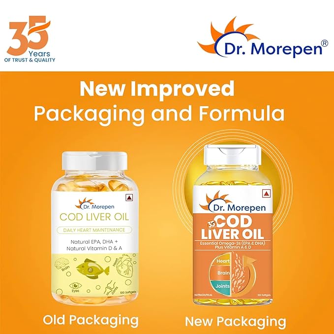 Dr. Morepen Cod Liver Oil | Natural Omega 3 | Vitamin D and A | UltraPure | Heart and Brain | 100 Softgels