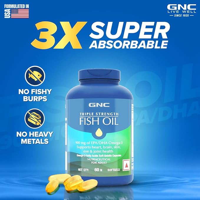 GNC Triple Strength Fish Oil | 1500mg | 900mg EPA and DHA | Memory and Vision | No Fishy Aftertaste