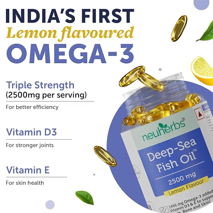 Neuherbs Deep Sea Omega-3 Fish Oil Triple Strength 2500mg | EPA 892mg & DHA 594mg | Heart & Brain | No Fishy Burps
