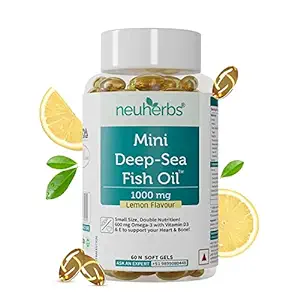 Neuherbs Mini Deep Sea Omega-3 Fish Oil 1000mg | EPA 360mg & DHA 240mg | Heart & Brain Health | Vitamin D3 & E