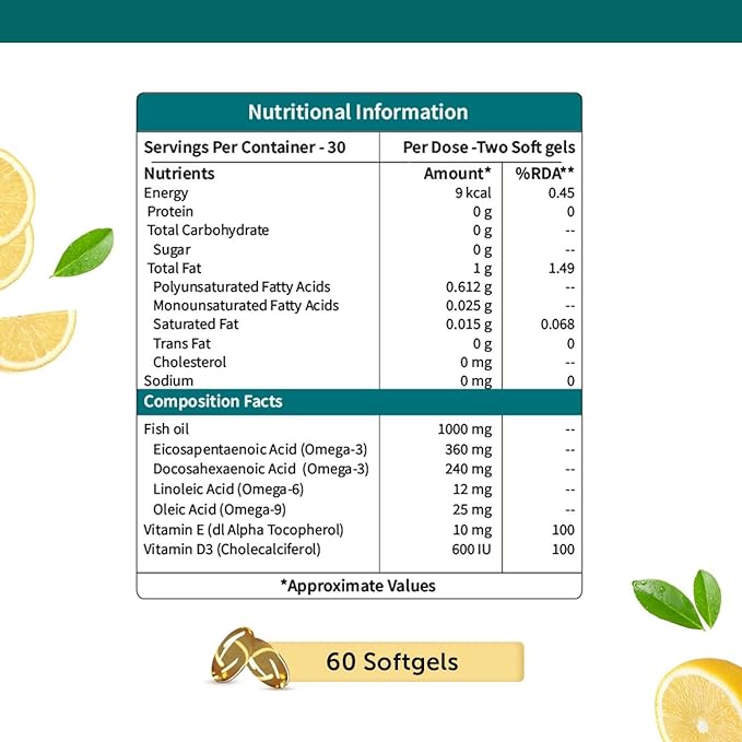 Neuherbs Mini Deep Sea Omega-3 Fish Oil 1000mg | EPA 360mg & DHA 240mg | Heart & Brain Health | Vitamin D3 & E