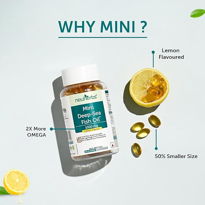 Neuherbs Mini Deep Sea Omega-3 Fish Oil 1000mg | EPA 360mg & DHA 240mg | Heart & Brain Health | Vitamin D3 & E