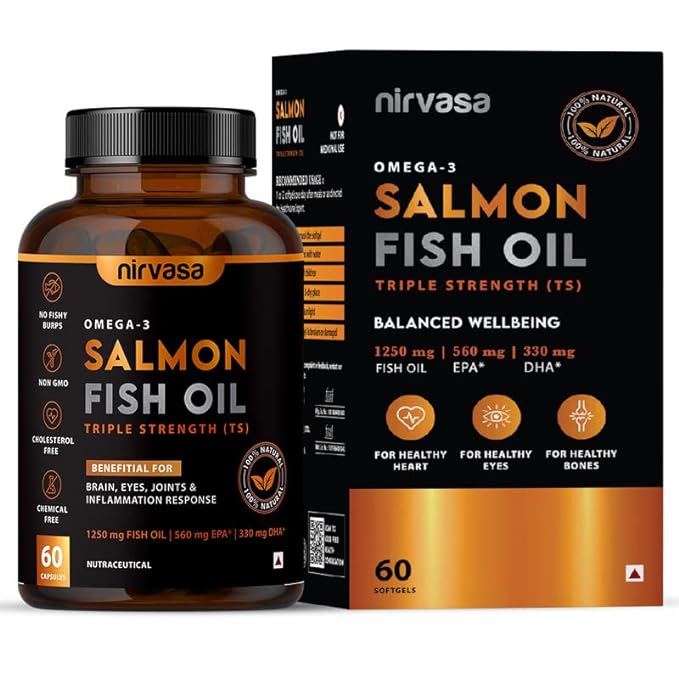 Nirvasa Omega 3 Salmon Fish Oil Softgel Capsules (Triple Strength) for Men & Women, 1250mg Salmon Fish Oil