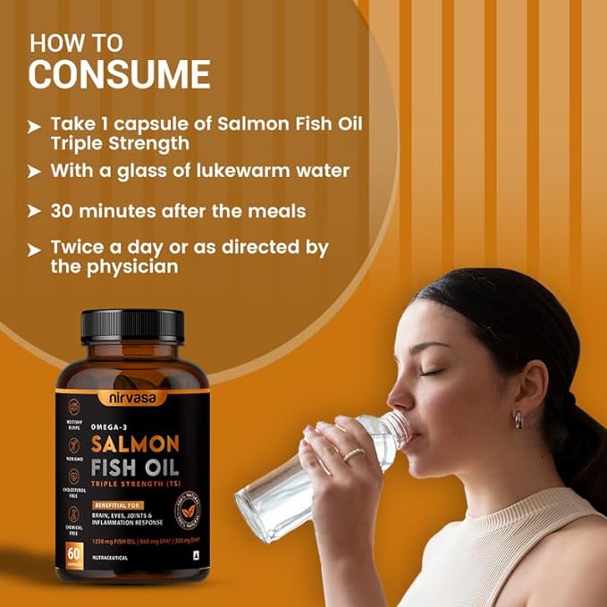 Nirvasa Omega 3 Salmon Fish Oil Softgel Capsules (Triple Strength) for Men & Women, 1250mg Salmon Fish Oil