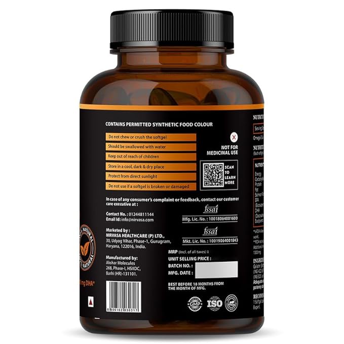 Nirvasa Omega 3 Salmon Fish Oil Softgel Capsules (Triple Strength) for Men & Women, 1250mg Salmon Fish Oil