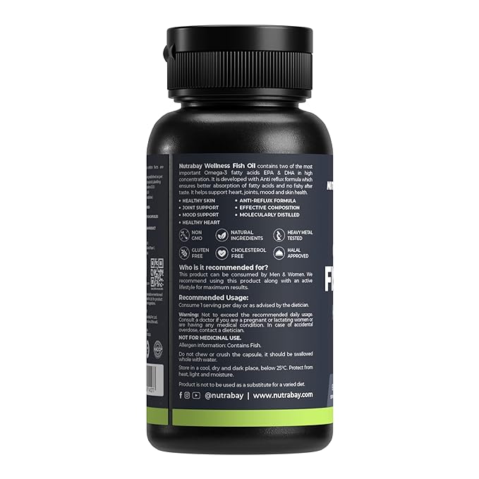 Nutrabay Wellness Omega 3 Fish Oil 180 mg EPA and 120 mg DHA for Healthy Brain | Heart | Eyes and Joints - 1000mg