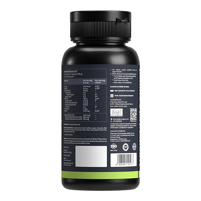 Nutrabay Wellness Omega 3 Fish Oil 180 mg EPA and 120 mg DHA for Healthy Brain | Heart | Eyes and Joints - 1000mg