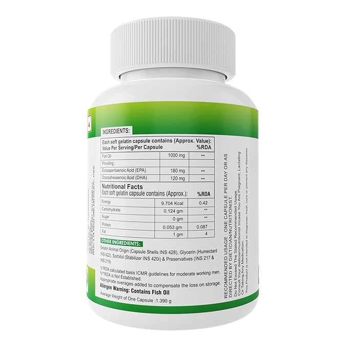 Nveda Omega-3-Fish-Oil 1000mg For Men & Women, Omega 3 fatty-acid with 180mg EPA-DHA 120mg for Healthy Heart, Eyes, Brain & Joints