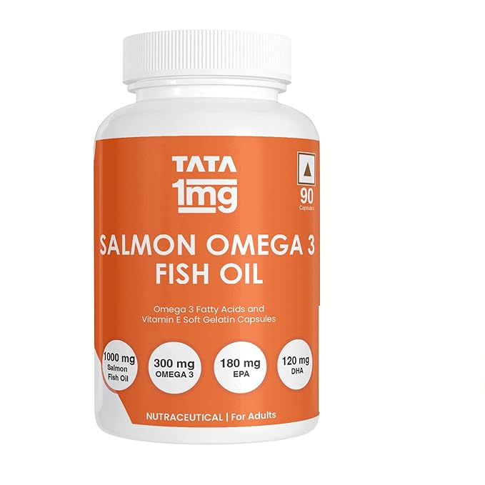 TATA 1mg Salmon Omega 3 Fish Oil 1000mg, Fish Oil Capsule with Omega-3 (1000mg), EPA (180mg) & DHA (120mg)