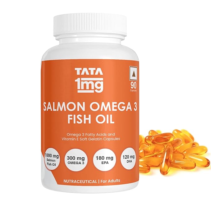 TATA 1mg Salmon Omega 3 Fish Oil 1000mg, Fish Oil Capsule with Omega-3 (1000mg), EPA (180mg) & DHA (120mg)